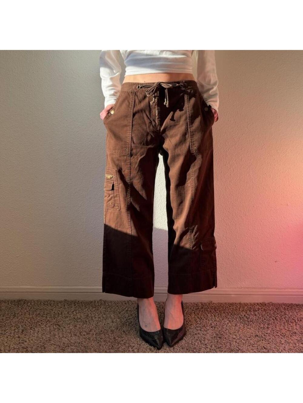 Vintage authentic y2k low rise wide leg flare brown cropped cargo pants